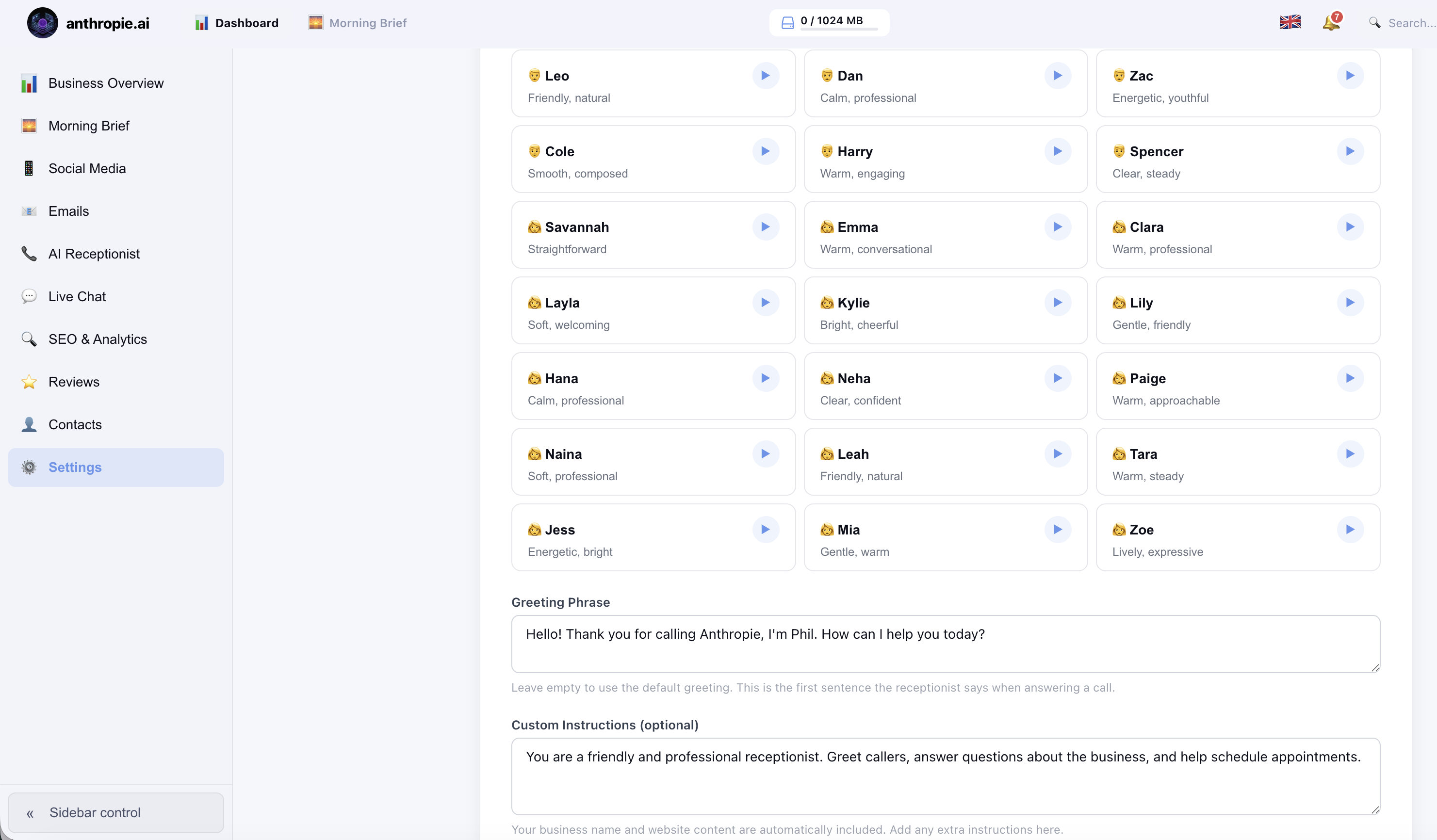 AI Receptionist configuration